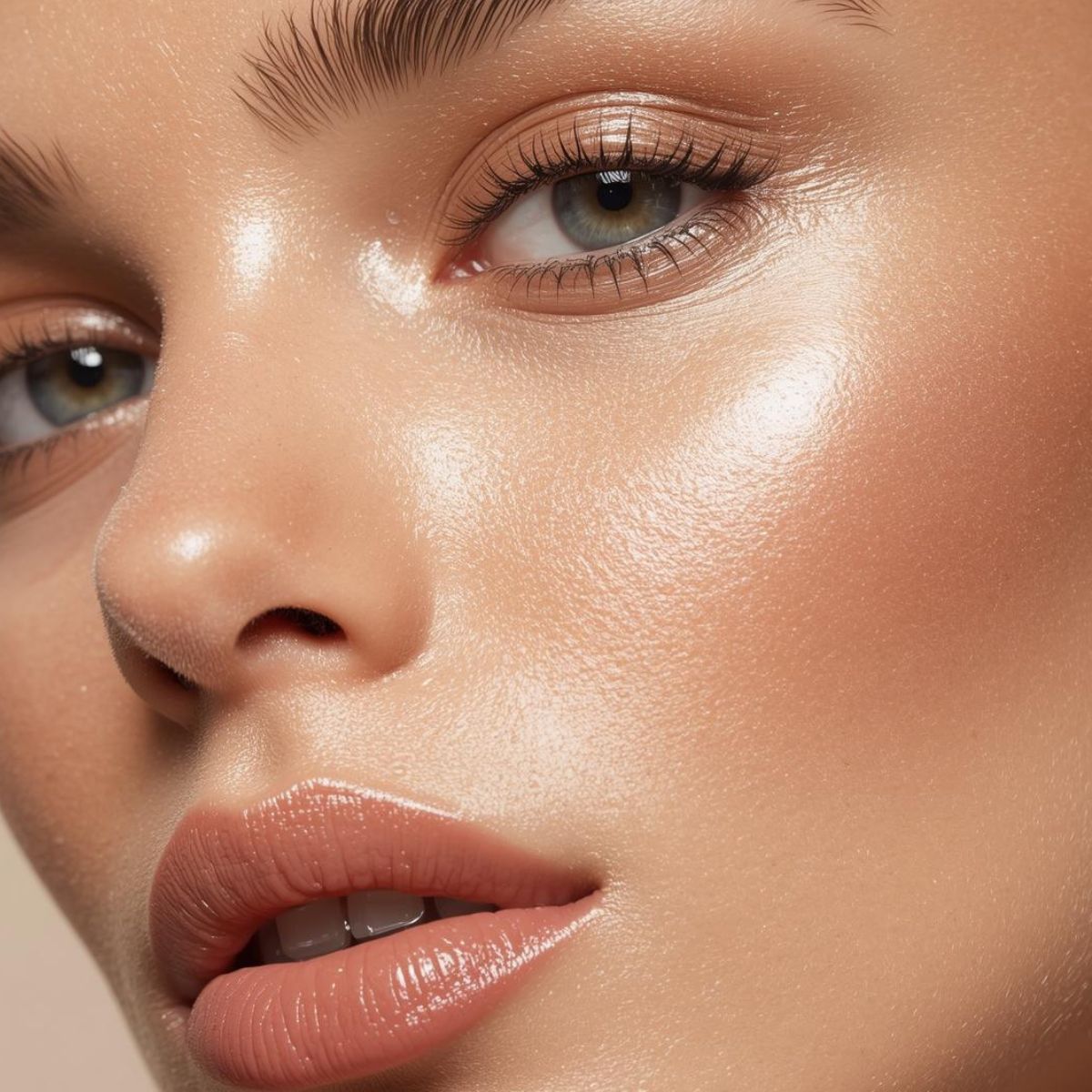 Glass skin Korean skincare collection with dewy glowing skin and hydrating K-beauty products