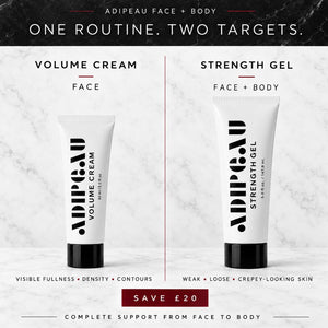 Two skincare tubes from Adipeau Face + Body are shown on a white marble background: a Volume Cream tube for face and a Strength Gel tube for face and body. The image includes marketing text at the top and bottom, with a red 'SAVE £20' banner.