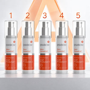 Five ENVIRON Skincare Skin EssentiA AVST moisturiser pump bottles arranged in a row on a white surface, each labeled with a level from 1 to 5 above it. The bottles are silver and white with orange-red label bands and clear caps. Authorised Shop UK.