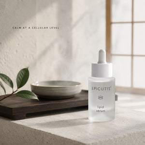 A frosted glass dropper bottle of EPICUTIS Lipid Serum stands on a stone surface beside a small ceramic dish and green leaves, with soft window light and shadows in the background.