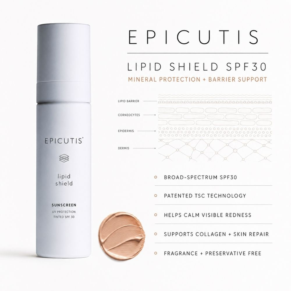 Epicutis Lipid Shield SPF 30 sunscreen bottle in a light gray-white color, shown next to a swatch of the product's peach-colored cream and a detailed infographic explaining the SPF 30 mineral protection barrier.