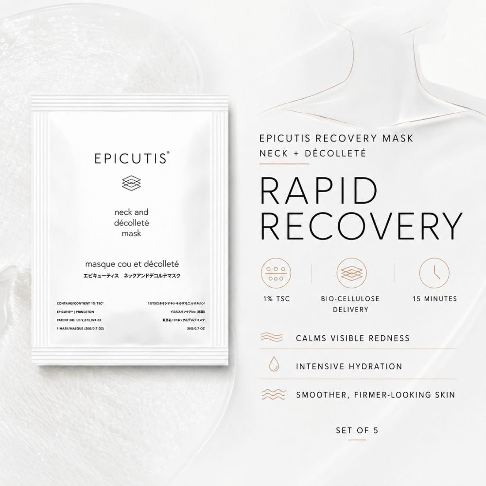 Epicutis Rapid Recovery Neck and Decolletage mask packaging shown on a clean white background with product information text beside it.