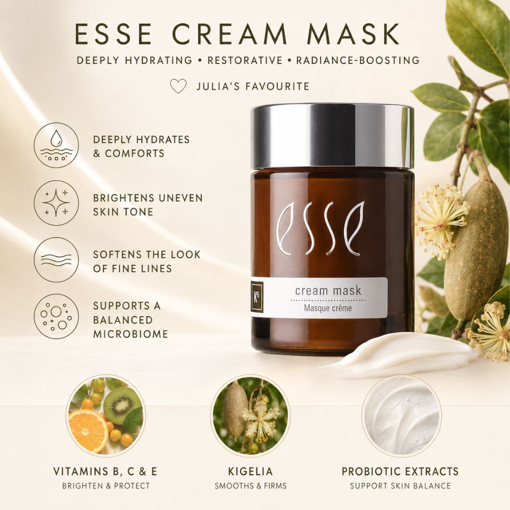 Essé Cream Mask jar centered on a cream-colored background with botanical illustrations and text highlighting benefits: deeply hydrates and comforts, brightens uneven skin tone, softens fine lines, and supports a balanced microbiome. Ingredients shown include vitamins B, C, E, kigelia, and probiotic extracts.