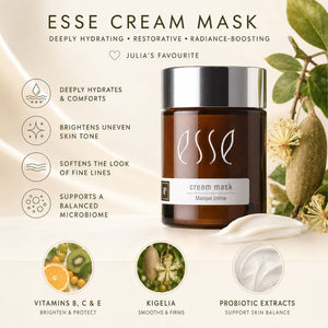 Essé Cream Mask jar centered on a cream-colored background with botanical illustrations and text highlighting benefits: deeply hydrates and comforts, brightens uneven skin tone, softens fine lines, and supports a balanced microbiome. Ingredients shown include vitamins B, C, E, kigelia, and probiotic extracts.