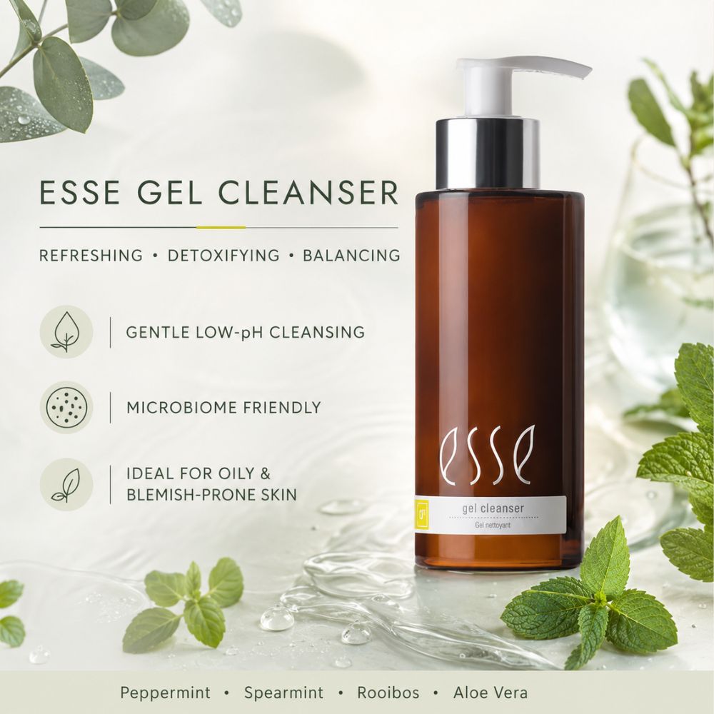 Esse Gel Cleanser in an amber brown pump bottle with a white pump and silver collar, displayed on a light marble surface with water droplets, surrounded by mint leaves. The left side features product text and benefits.