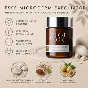 Essé Microderm Exfoliator jar shown on a beige textured background with product claims, ingredient icons, and small circular insets for calcium carbonate, rooibos, and marula oil.