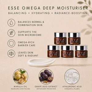 Essé Omega Deep Moisturiser skincare set featuring five amber glass jars with silver lids, displayed on a warm beige background with product benefits, ingredient callouts, and a white spatula.