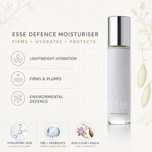 Essence Defence Moisturiser bottle on a light cream background with product benefits listed on the left, including lightweight hydration, firms and plumps, and environmental defence.