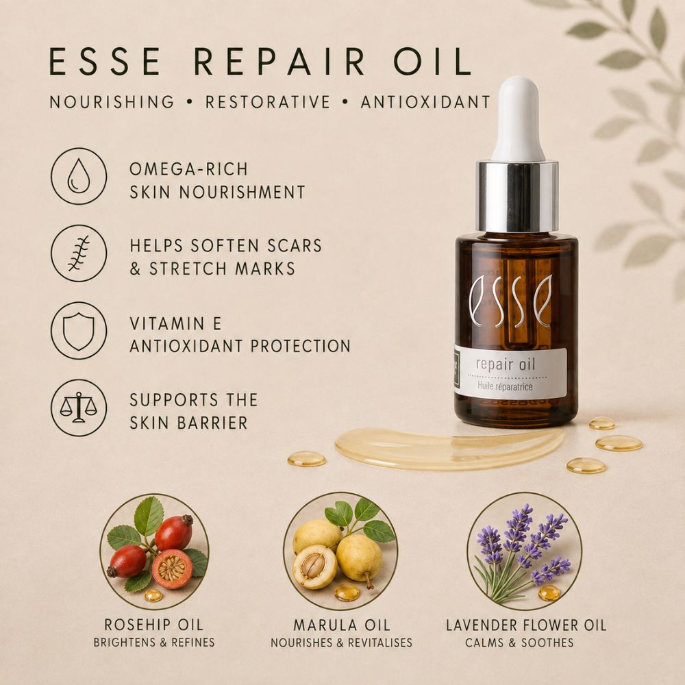 Essé Repair Oil bottle with dropper on a beige background, surrounded by product benefits text and three ingredient circles showing rosehip oil, marula oil, and lavender flower oil.