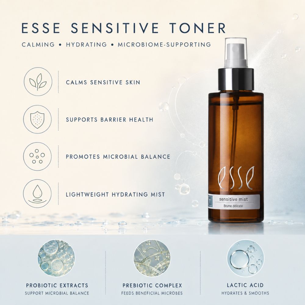 EssE Sensitive Toner bottle on a light blue water-textured background with product benefits and ingredient callouts. The amber spray bottle has a silver pump and a white EssE logo.