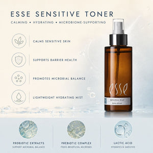 EssE Sensitive Toner bottle on a light blue water-textured background with product benefits and ingredient callouts. The amber spray bottle has a silver pump and a white EssE logo.