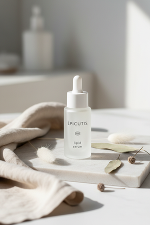 Epicutis Lipid Serum lifestyle image on stone surface with botanicals and linen