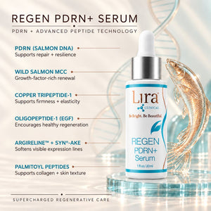 Lura Clinical Regen PDRN+ Serum dropper bottle displayed on a reflective surface with decorative fish and abstract background elements. Text on the left lists key ingredients and benefits, including salmon DNA, wild salmon MCC, copper tripeptide-1, oligopeptide-1, argireline and syn-A-ke, and palmitoyl peptides.