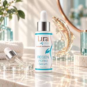 A bottle of Lira Clinical Regen PDRN+ Serum stands on a glossy marble surface with its dropper beside it. The setting is a bright, luxurious spa-like environment with a gold fish sculpture, a mirror, and soft natural light filtering through.