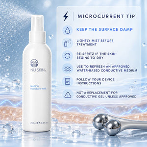 NU SKIN NaPCA moisture mist spray bottle on a icy blue and white background with informational text about microcurrent tip usage and a silver facial roller tool.