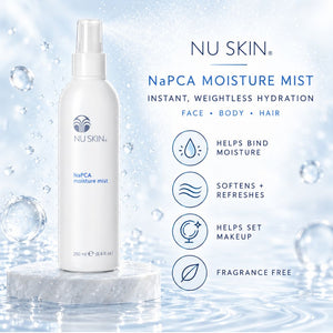 NU SKIN NaPCA Moisture Mist bottle on a white marble pedestal against a water-themed background with text highlighting benefits: helps bind moisture, softens and refreshes, helps set makeup, and is fragrance free.