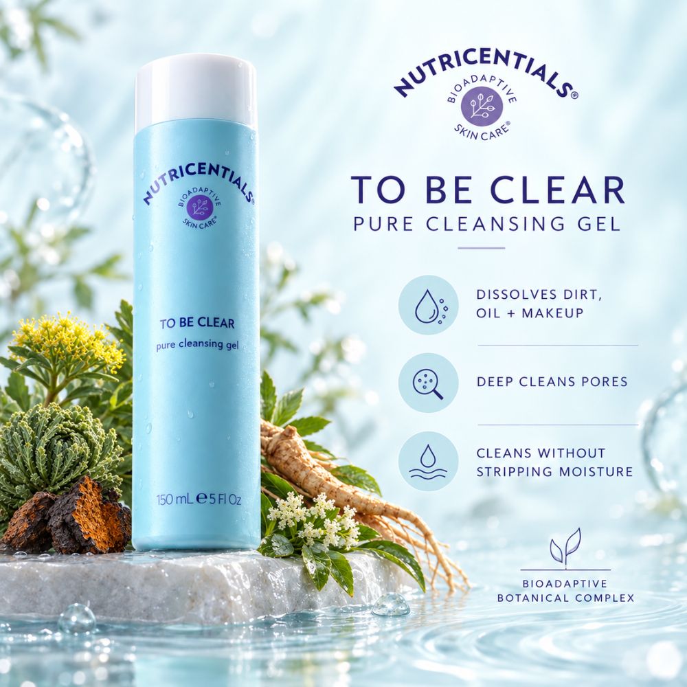 Nu Skin Nutricentials To Be Clear Pure Cleansing Gel in a light blue bottle with a white cap, displayed on a stone surface with water, herbs, and roots. The image includes product features and branding text on a light blue background.