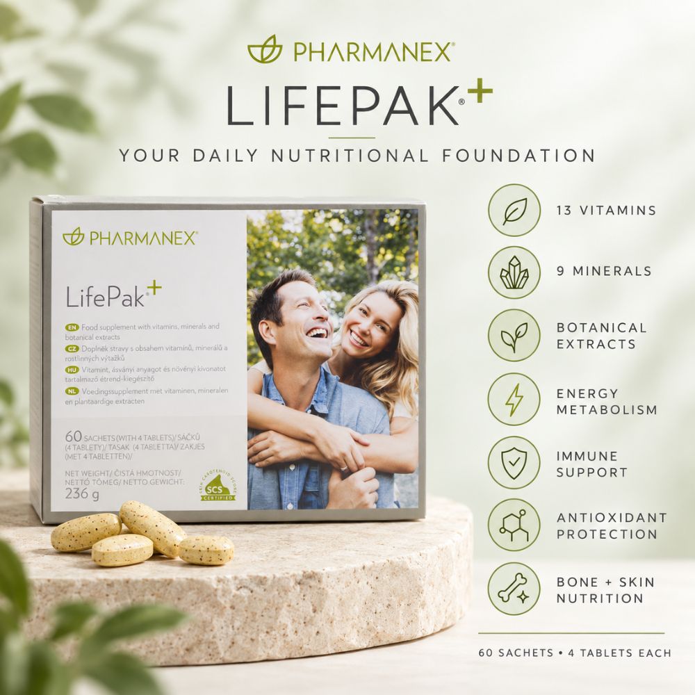 Pharmanex LifePak+ dietary supplement box displayed on a stone pedestal with loose tablets, alongside product claims and icons on a soft green background.