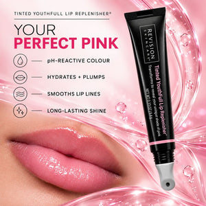 Revision Skincare Tinted Youthfull Lip Replenisher tube shown over a close-up of glossy pink lips, with pink graphic water droplets and text highlighting pH-reactive colour, hydration, lip line smoothing, and long-lasting shine.