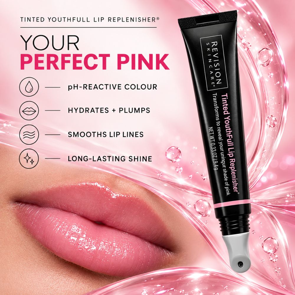 Revision Skincare Tinted Youthfull Lip Replenisher tube shown over a close-up of glossy pink lips, with pink graphic water droplets and text highlighting pH-reactive colour, hydration, lip line smoothing, and long-lasting shine.