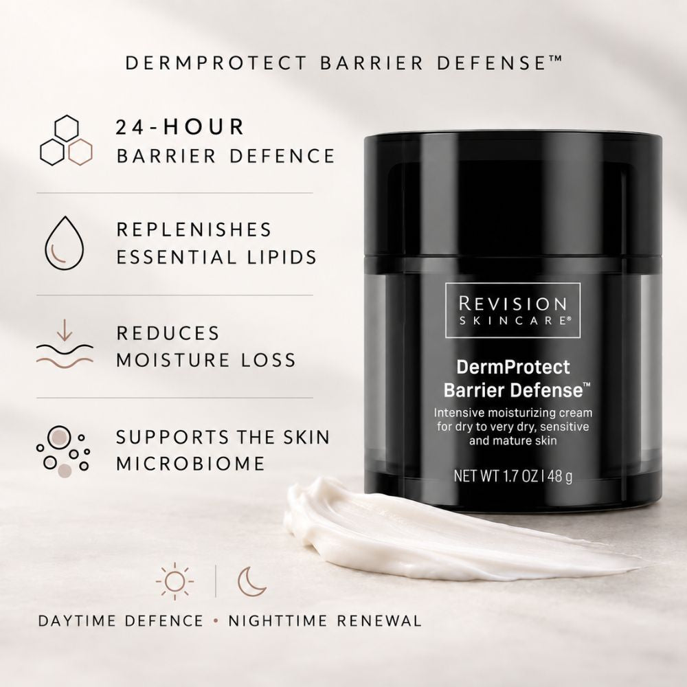 Revision Skincare DermProtect Barrier Defence Moisturising Cream for 24 hour skin barrier protection.