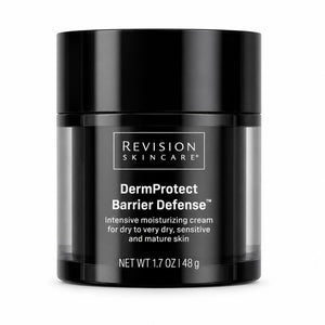 Revision Skincare DermProtect Barrier Defense moisturizing cream in a black jar with a black lid, shown on a plain white background. Shop Revision Skincare UK.