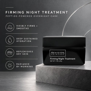 Revision Skincare Firming Night Treatment jar in a matte black container, displayed on a gray pedestal against a dark gray background with marketing text and icons on the left.