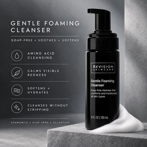 Revision Skincare Gentle Foaming Cleanser in a black pump bottle, shown next to a white foam swirl on a gray stone pedestal with product benefits listed on the left.