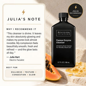 Revision Skincare Papaya Enzyme Cleanser bottle in black packaging, shown beside a cream-colored card labeled 'Julia's Note' with a recommendation quote from Julia Hart. The scene includes papaya slices and honey on a textured beige surface, with a circular 'Julia Recommends' badge.