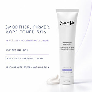 A white squeeze tube of Senté Dermal Repair Body Cream stands on a white surface with a small dollop of cream in front. Text on the left reads 'SMOOTHER, FIRMER, MORE TONED SKIN' and lists product benefits, including HSA technology and ceramides plus essential lipids.