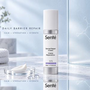 Sente Dermal Repair Cream on a reflective marble surface with a small dish of white cream and a soft blue studio background. Text on the image reads 'DAILY BARRIER REPAIR' and 'CALM • STRENGTHEN • HYDRATE'.