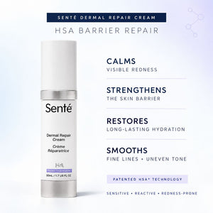 Sente Dermal Repair Cream bottle on a light blue-white gradient background with product benefits listed on the right. The bottle is white with a silver cap and silver band, labeled 'Sente' and 'HSA Barrier Repair'.