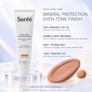Senté Even Tone Mineral Protection SPF 30 sunscreen tube displayed on a clear acrylic stand, with product details and a beige-tan liquid swatch on a white background.