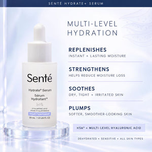 Sénté Hydrate+ Serum bottle displayed on a clear acrylic stand against a light blue gradient background with product benefits text.