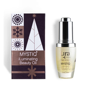 Mystiq illuminating beauty oil bottle and packaging on a white background