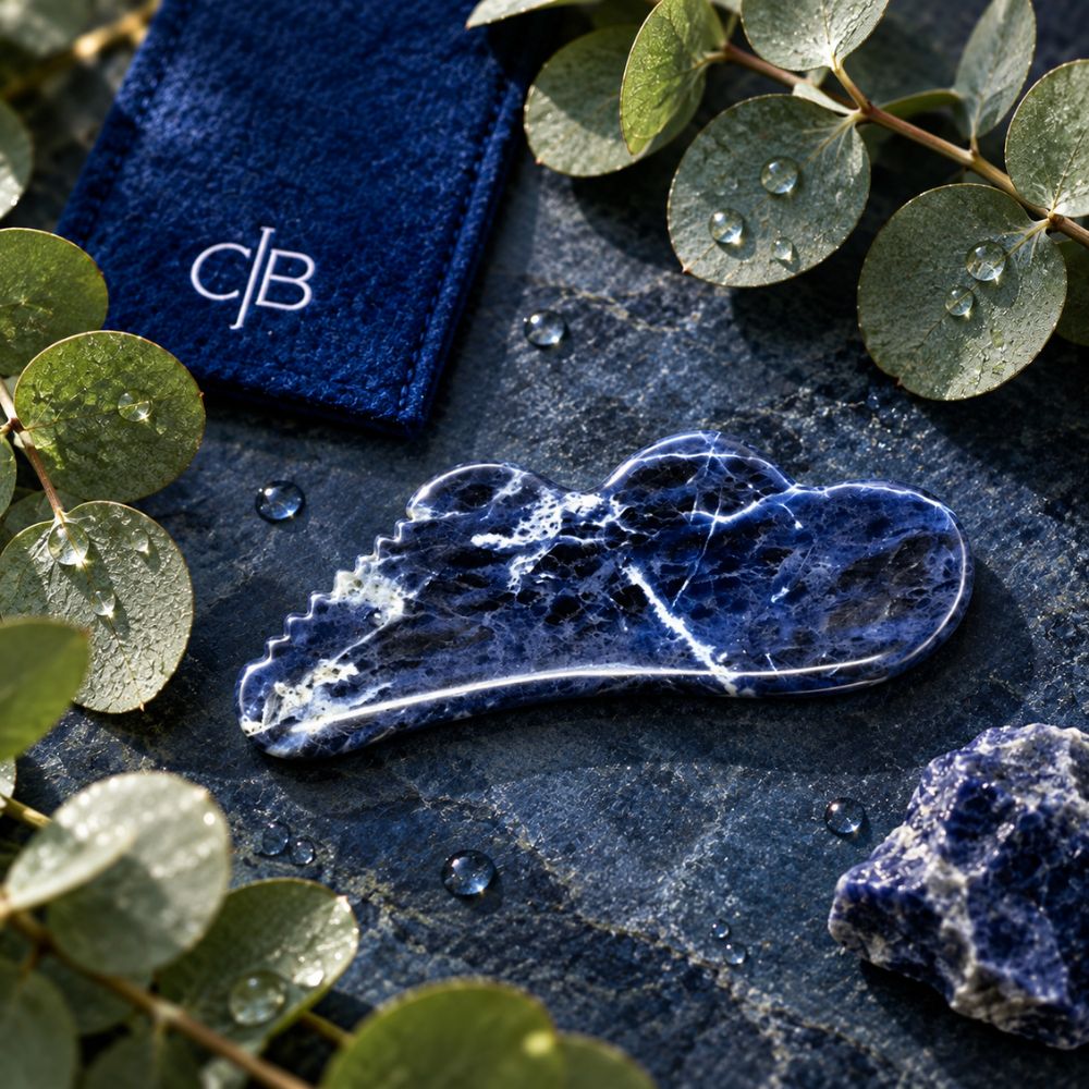 A Cecily Braden Sodalite Blue stone gua sha massage tool with natural white veining, displayed on a dark textured slate surface surrounded by green eucalyptus leaves with water droplets. A dark blue textured cloth with a white monogram 'CB' is visible in the upper left.
