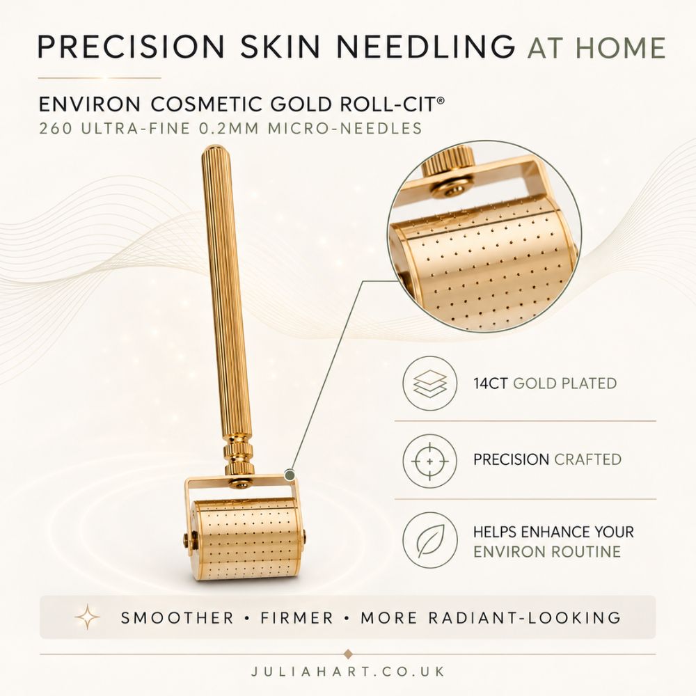 Home skincare infographic for the Environ Cosmetic Gold Roll-Cit micro-needling roller. The image features a gold-plated roller tool with a detailed circular inset showing the perforated barrel, accompanied by text highlighting its 14CT gold-plated status, precision crafting, and benefits for skin tone and radiance.