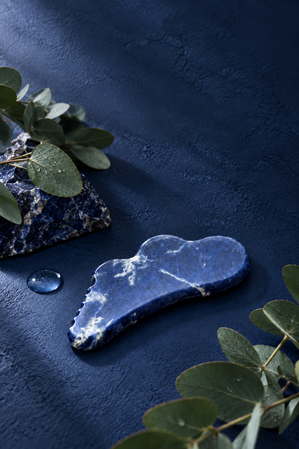 A Cecily Braden Sodalite Blue stone gua sha massage tool with white veining, displayed on a dark textured blue surface with eucalyptus leaves and a small water droplet.
