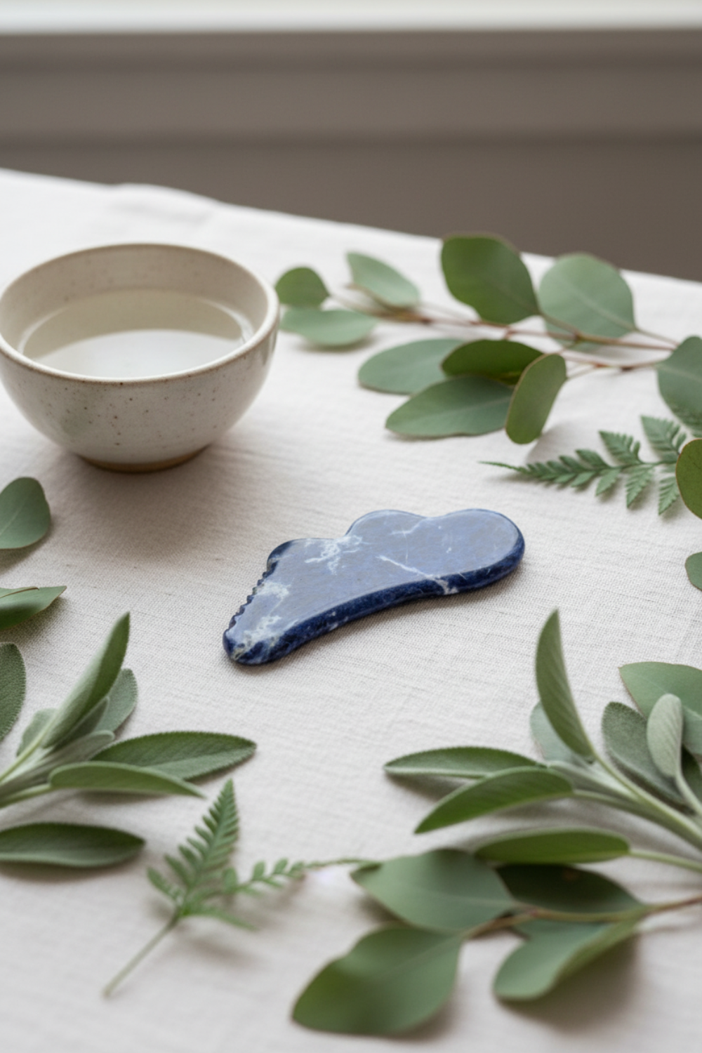 A polished blue Sodalite (gua sha stone massage tool) placed on a white linen tablecloth, surrounded by green eucalyptus and sage leaves, with a small ceramic cup of water in the background.