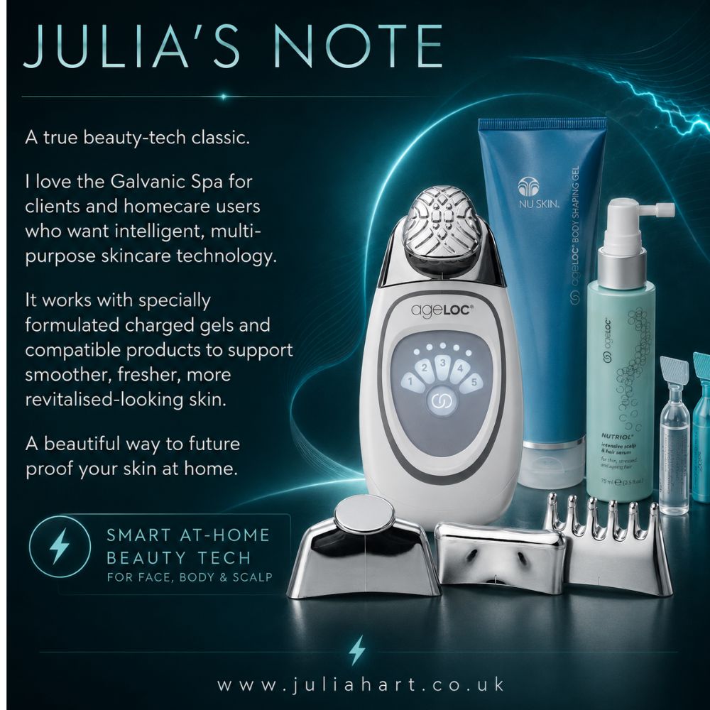 Julia's Note beauty tech products including a device and skincare products on a dark background with text.
