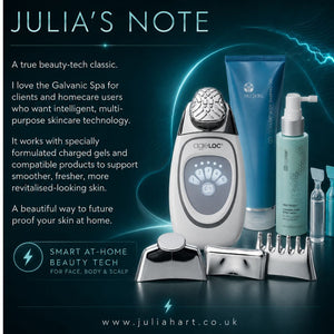 Julia's Note beauty tech products including a device and skincare products on a dark background with text.