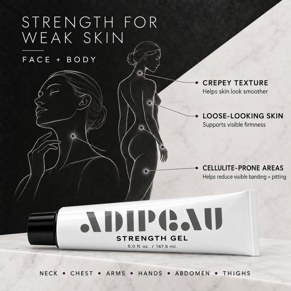 A white tube of Adpeau Strength Gel with a black cap, shown on a light marble surface against a dark charcoal background. The graphic includes white line drawings of female figures highlighting areas of the body, text reading 'Strength for Weak Skin' and 'Face + Body,' plus callouts about crepey texture, loose-looking skin, and cellulite-prone areas.