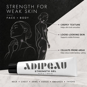 A white tube of Adpeau Strength Gel with a black cap, shown on a light marble surface against a dark charcoal background. The graphic includes white line drawings of female figures highlighting areas of the body, text reading 'Strength for Weak Skin' and 'Face + Body,' plus callouts about crepey texture, loose-looking skin, and cellulite-prone areas.