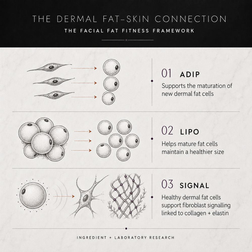 An  Adipeau Volume Cream infographic titled 'THE DERMAL FAT-SKIN CONNECTION' explains the facial fat fitness framework through three illustrated steps: adip cells supporting maturation, lipo cells helping maintain size, and signal cells supporting collagen and elastin production.