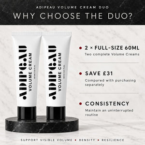 Two white Adipeau Volume Cream tubes displayed on a black marble base against a white marble background, with promotional text reading 'WHY CHOOSE THE DUO?' and product details.