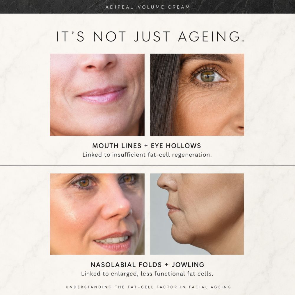 An informational skincare graphic for Adipeau Volume Cream. The top section features a close-up of a smiling mouth and cheek, labeled 'MOUTH LINES + EYE HOLLOWS'.