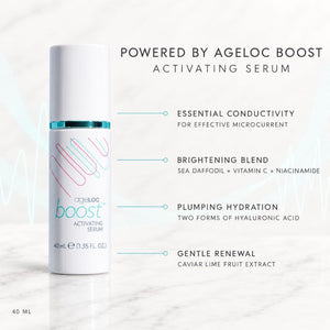 A 40 mL bottle of Ageloc Boost Activating Serum displayed on a light marble surface with marketing text to the right describing key benefits: essential conductivity, brightening blend, plumping hydration, and gentle renewal.