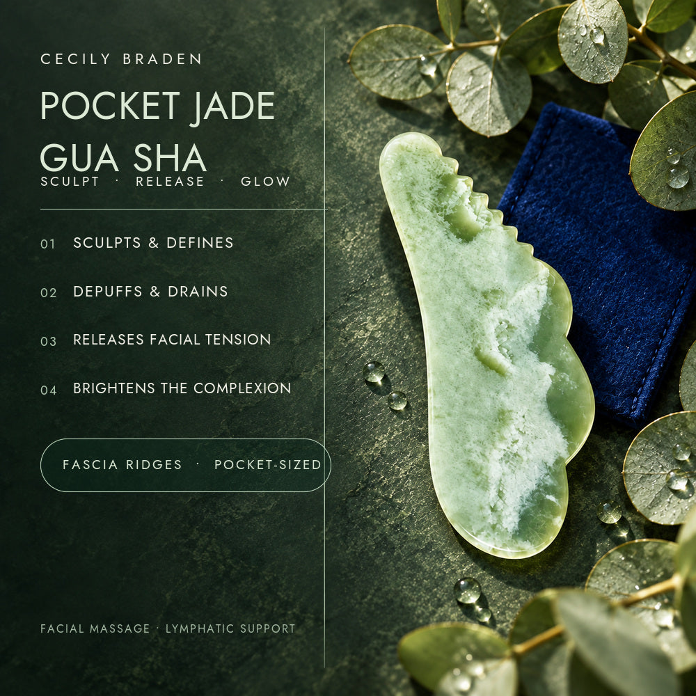 A Cecily Braden Pocket Jade Gua Sha tool for facial massage, styled on a dark textured background with eucalyptus leaves and a navy blue cloth. The left side features a dark green text panel with product details and benefits.