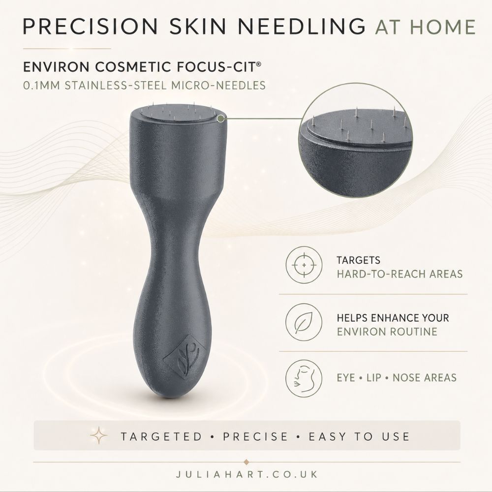 The Environ Cosmetic Focus CIT skin needling device shown on a light beige background with promotional text, a circular close-up of the needle tip, and feature callouts for targeted, precise, and easy-to-use use.