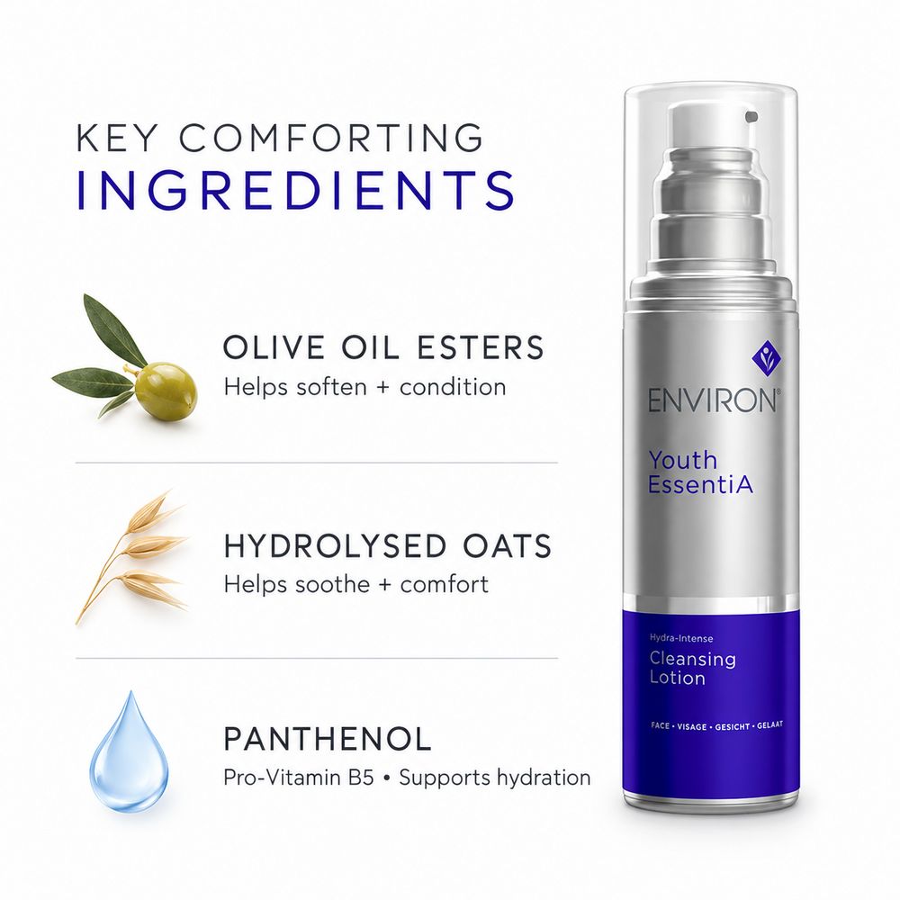 A silver and purple pump bottle of ENVIRON Youth EssentiA Cleansing Lotion shown on a white background with marketing text highlighting key ingredients: olive oil esters, hydrolysed oats, and panthenol.